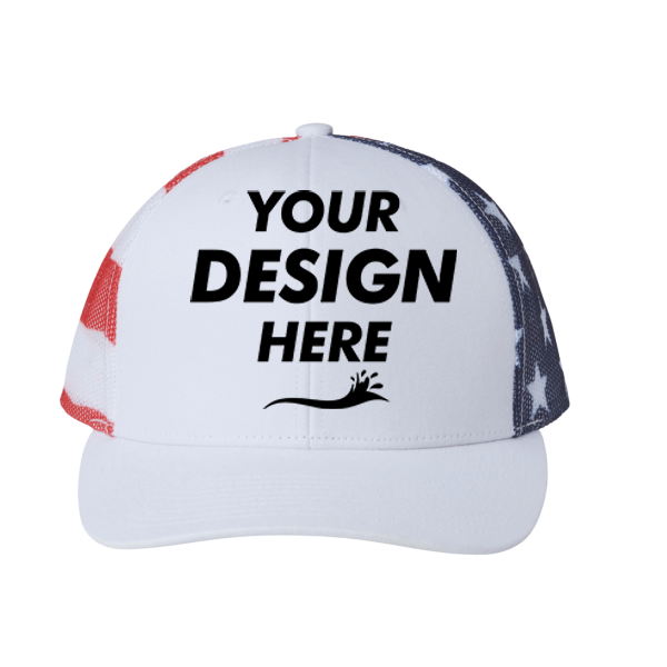 Kati Printed Mesh Trucker Cap, White / Usa Flag / Usa Flag, Front view, Mockup