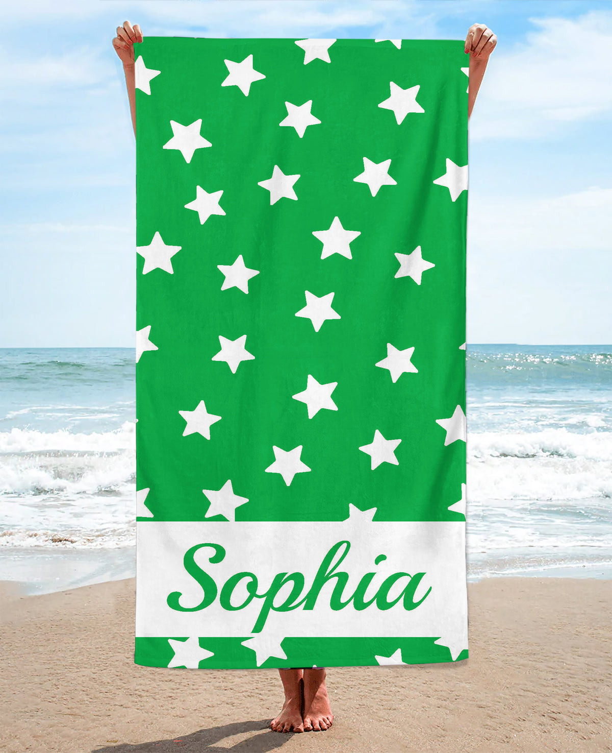 Personalized Star Patterned Beach Towel, Kelly Standart Beach Towel, Kelly Premium Beach Towel