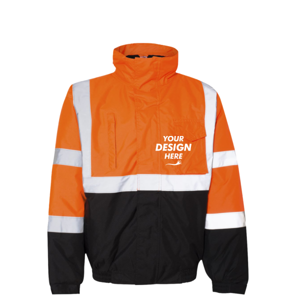 Kishigo Unisex Economy Bomber Jacket, Orange, Front view, Mockup