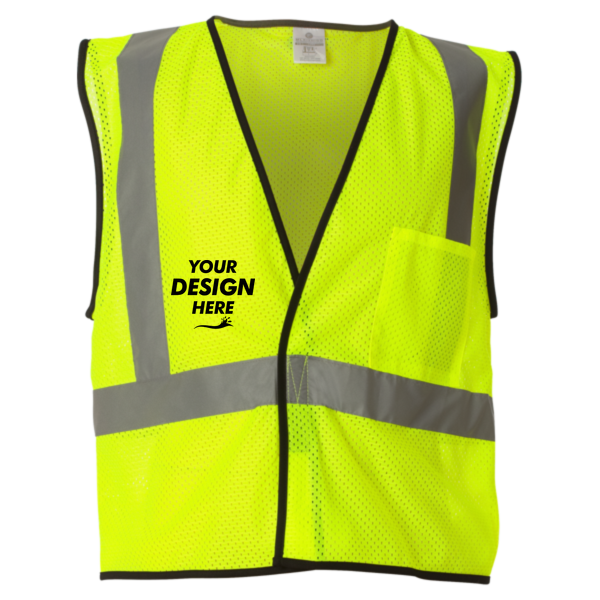 Kishigo Unisex Economy Single Pocket Hook-and-Loop Mesh Vest, Lime, Front view, Mockup