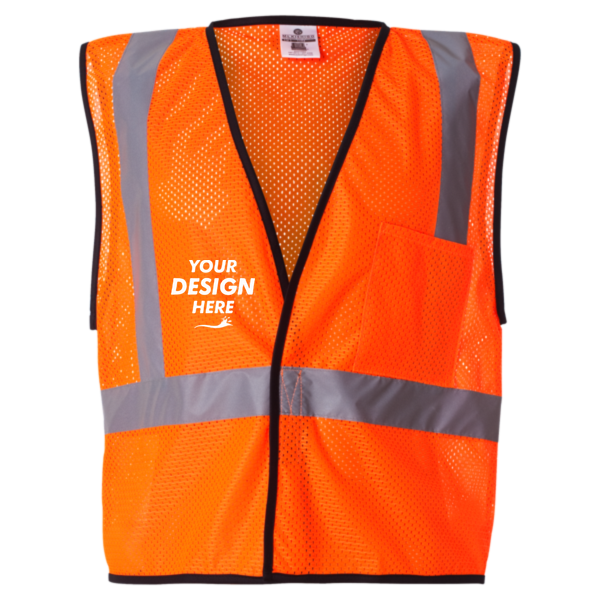 Kishigo Unisex Economy Single Pocket Hook-and-Loop Mesh Vest, Orange, Front view, Mockup