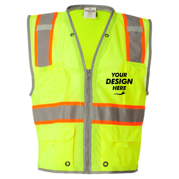 Kishigo Unisex Premium Brilliant Series® Heavy-Duty Class 2 Vest, Lime, Front view, Mockup