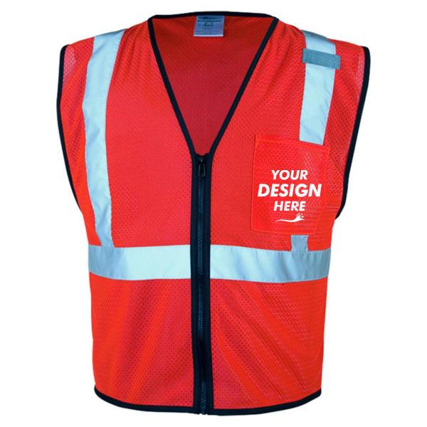 Kishigo Unisex Single Pocket Zipper Mesh Class 2 Vest, Fluorescent Red (1719), Front view, Mockup
