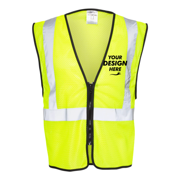 Kishigo Unisex Zippered Mesh Economy Class 2 Vest, Lime, Front view, Mockup