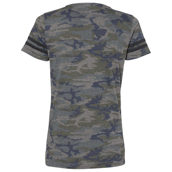 LAT Women's Football V-Neck Fine Jersey Tee, Vintage Camo / Vintage Smoke, Back view
