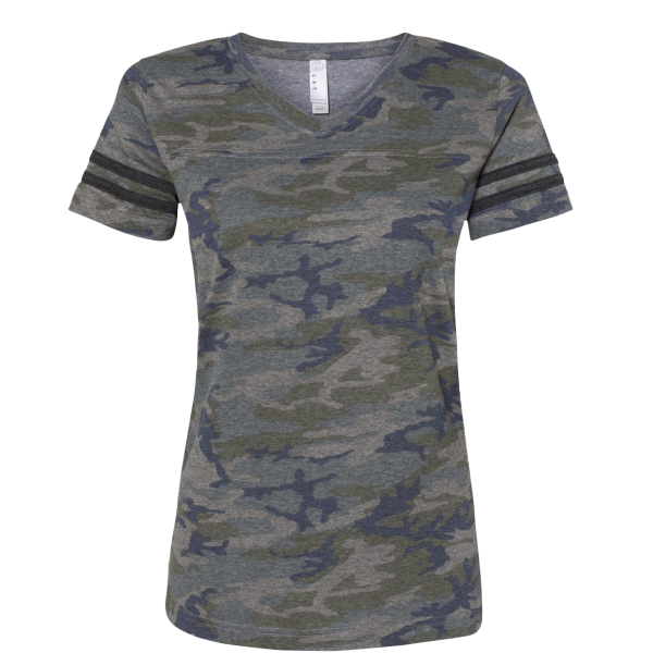 LAT Women's Football V-Neck Fine Jersey Tee, Vintage Camo / Vintage Smoke, Front view