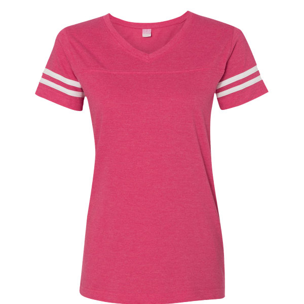 LAT Women's Football V-Neck Fine Jersey Tee, Vintage Hot Pink / White, Front view