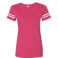 LAT Women's Football V-Neck Fine Jersey Tee, Vintage Hot Pink / White, Front view