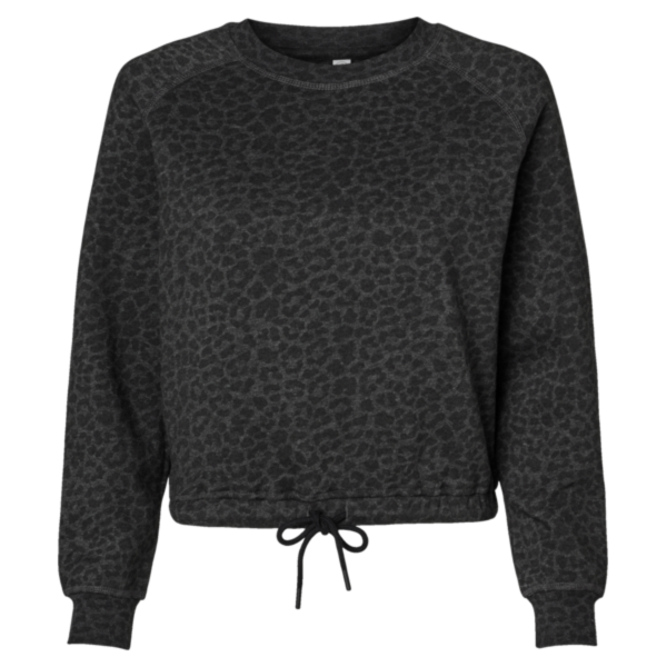 LAT Women's Relaxed 3-End Boxy Fleece Crewneck Sweatshirt, Black Leopard, Front view