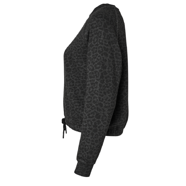 LAT Women's Relaxed 3-End Boxy Fleece Crewneck Sweatshirt, Black Leopard, Left Sleeve view