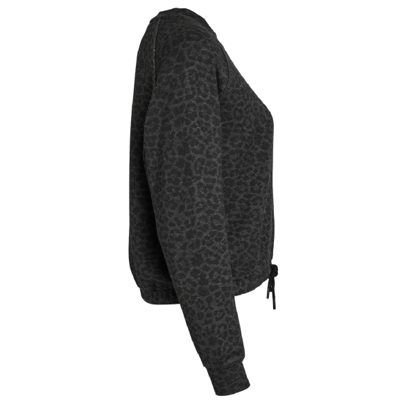 LAT Women's Relaxed 3-End Boxy Fleece Crewneck Sweatshirt, Black Leopard, Right Sleeve view