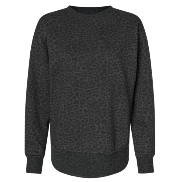 LAT Women's Weekend Fleece Crewneck Sweatshirt, Black Leopard, Front view