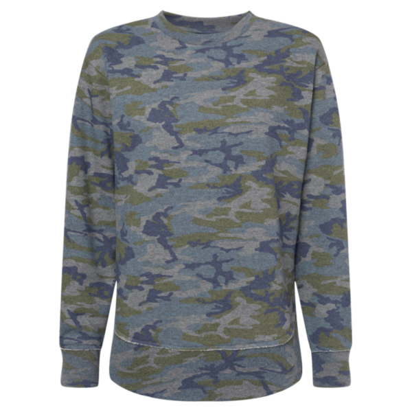 LAT Women's Weekend Fleece Crewneck Sweatshirt, Vintage Camo, Front view