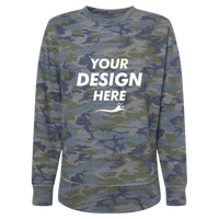 LAT Women's Weekend Fleece Crewneck Sweatshirt, Vintage Camo, Front view, Mockup