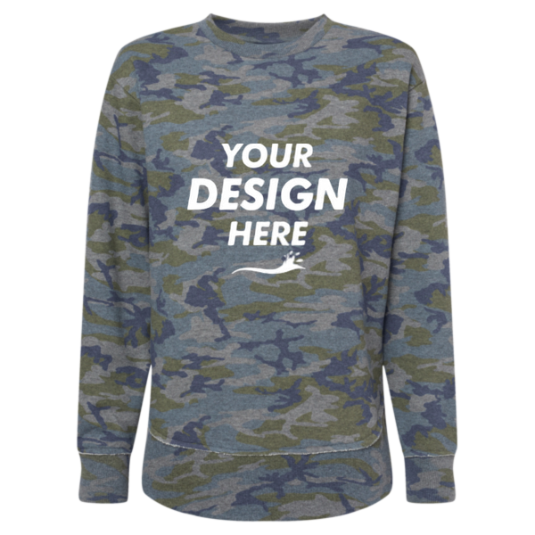 LAT Women's Weekend Fleece Crewneck Sweatshirt, Vintage Camo, Front view, Mockup
