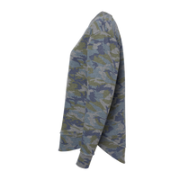 LAT Women's Weekend Fleece Crewneck Sweatshirt, Vintage Camo, Left Sleeve view