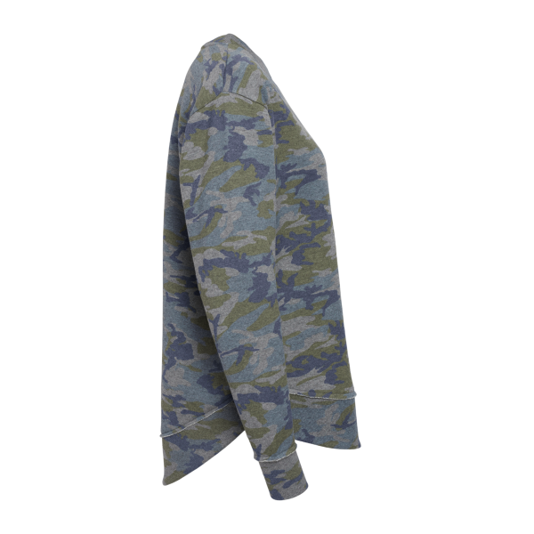 LAT Women's Weekend Fleece Crewneck Sweatshirt, Vintage Camo, Right Sleeve view