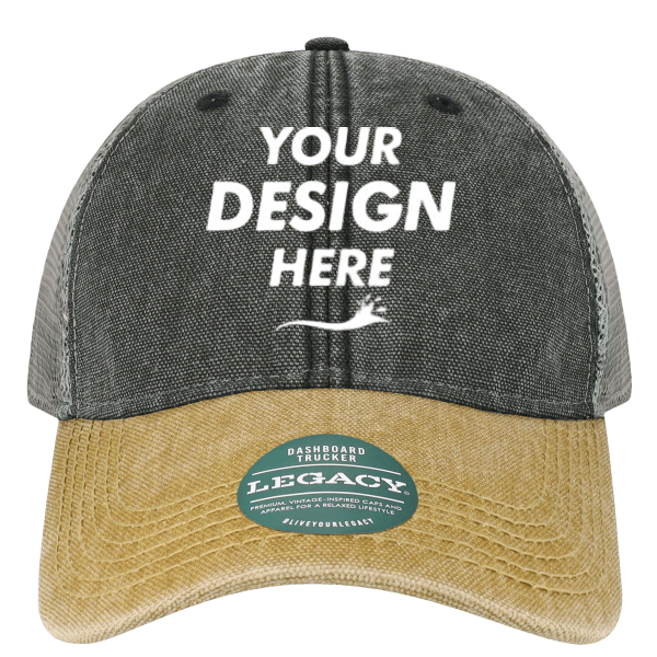 LEGACY Dashboard Trucker Cap, Black / Camel / Grey, Front view, Mockup