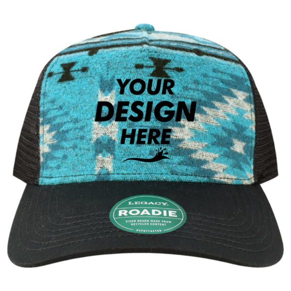 LEGACY Five-Panel Adjustable Cap, Aqua Aztec / Black, Front view, Mockup