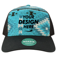 LEGACY Five-Panel Adjustable Cap, Aqua Aztec / Black, Front view, Mockup