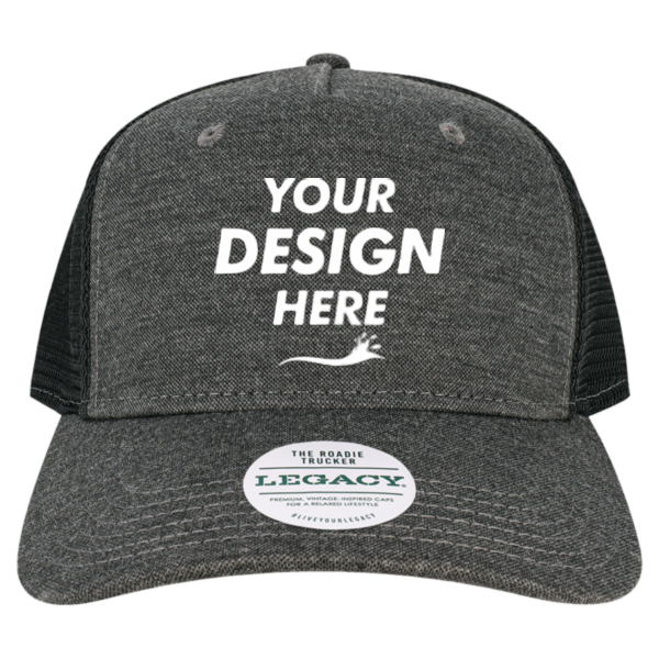 LEGACY Five-Panel Adjustable Cap, Black / Black, Front view, Mockup