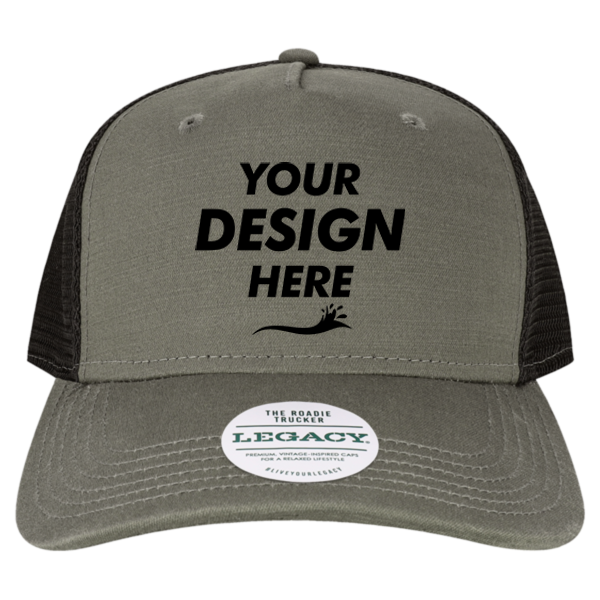 LEGACY Five-Panel Adjustable Cap, Charcoal Slub / Black, Front view, Mockup