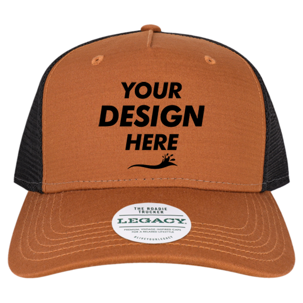 LEGACY Five-Panel Adjustable Cap, Copper Slub / Black, Front view, Mockup