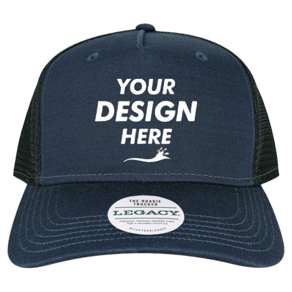 LEGACY Five-Panel Adjustable Cap, Navy Slub / Black, Front view, Mockup