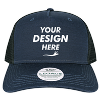 LEGACY Five-Panel Adjustable Cap, Navy Slub / Black, Front view, Mockup