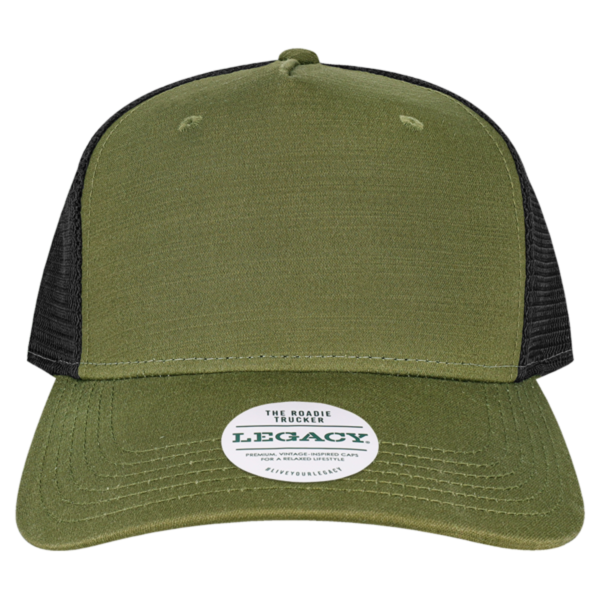 LEGACY Five-Panel Adjustable Cap, Olive Slub / Black, Front view