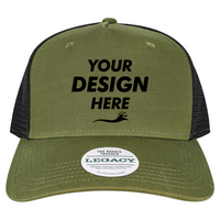 LEGACY Five-Panel Adjustable Cap, Olive Slub / Black, Front view, Mockup