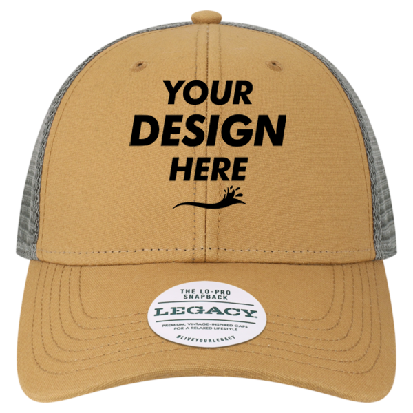 LEGACY Lo-Pro Snapback Trucker Cap, Caramel / Dark Grey, Front view, Mockup