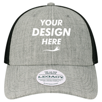 LEGACY Lo-Pro Snapback Trucker Cap, Heather Grey / Black, Front view, Mockup