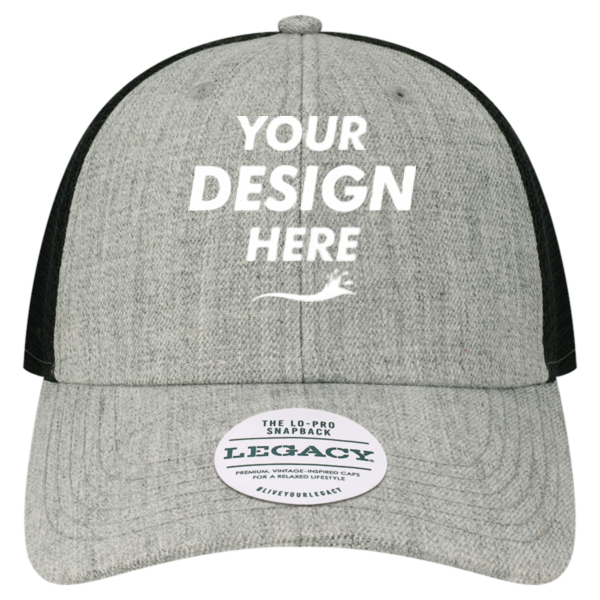 LEGACY Lo-Pro Snapback Trucker Cap, Heather Grey / Black, Front view, Mockup