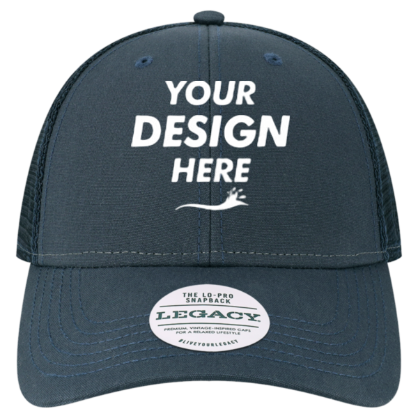 LEGACY Lo-Pro Snapback Trucker Cap, Navy / Navy, Front view, Mockup