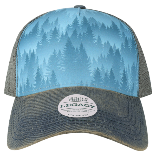 LEGACY Old Favorite Five-Panel Trucker Cap, Blue Pines / Blue Pines / Blue Pines, Front view