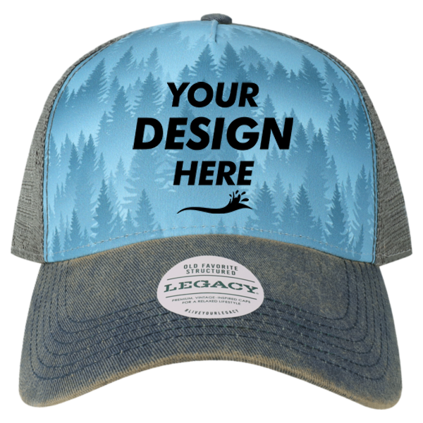 LEGACY Old Favorite Five-Panel Trucker Cap, Blue Pines / Blue Pines / Blue Pines, Front view, Mockup