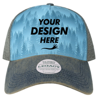 LEGACY Old Favorite Five-Panel Trucker Cap, Blue Pines / Blue Pines / Blue Pines, Front view, Mockup