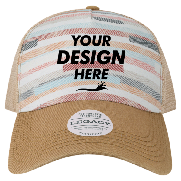 LEGACY Old Favorite Five-Panel Trucker Cap, Fabric Stripes / Fabric Stripes / Fabric Stripes, Front view, Mockup