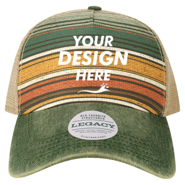 LEGACY Old Favorite Five-Panel Trucker Cap, Green Stripe / Green Stripe / Green Stripe, Front view, Mockup
