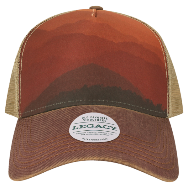 LEGACY Old Favorite Five-Panel Trucker Cap, Mt Sunset / Maroon / Khaki, Front view