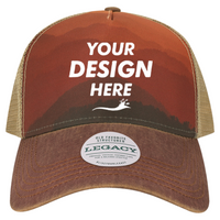 LEGACY Old Favorite Five-Panel Trucker Cap, Mt Sunset / Maroon / Khaki, Front view, Mockup