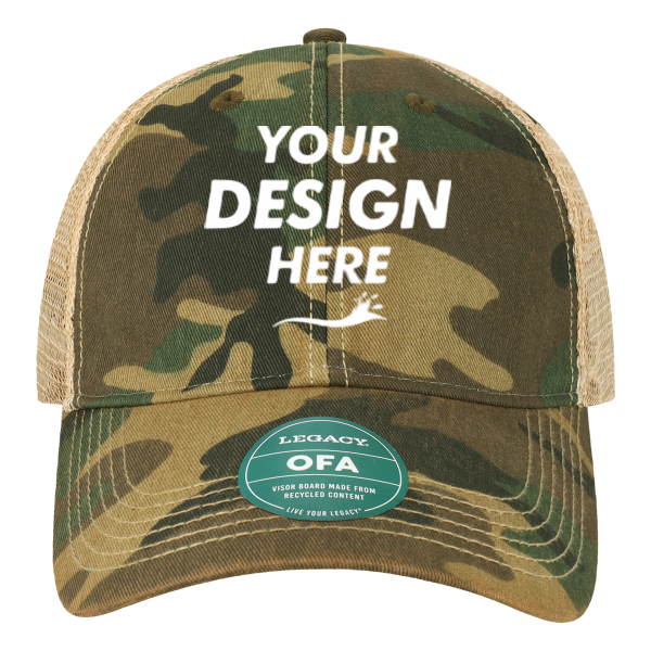 LEGACY Old Favorite Trucker Cap, Army Camo / Khaki / Khaki, Front view, Mockup