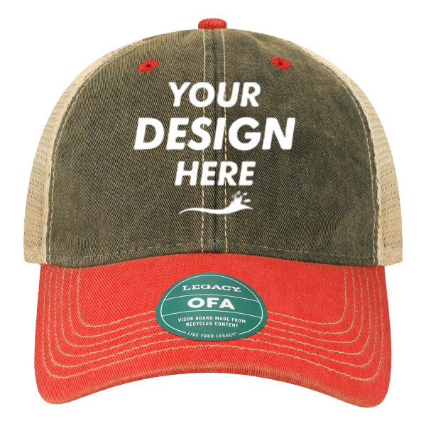 LEGACY Old Favorite Trucker Cap, Black / Scarlet Red / Khaki, Front view, Mockup
