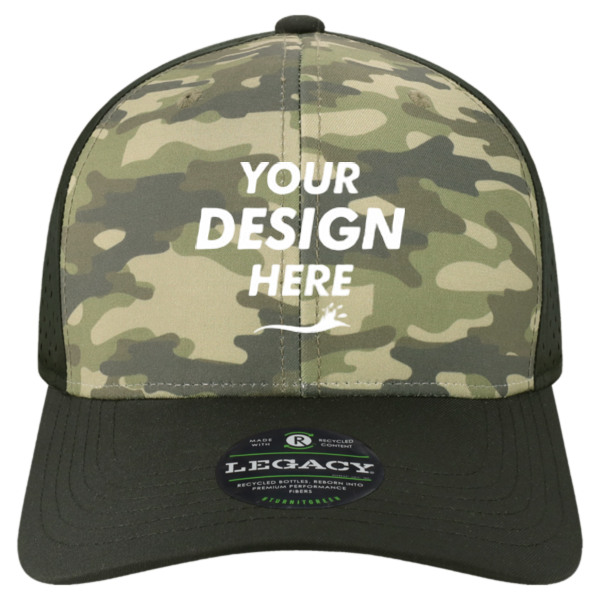 LEGACY Reclaim Mid-Pro Adjustable Cap, Dark Olive Green Camo / Black, Front view, Mockup