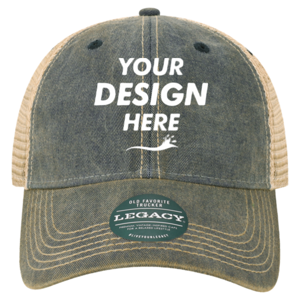 LEGACY Youth Old Favorite Trucker Cap, Navy / Khaki / Khaki, Front view, Mockup