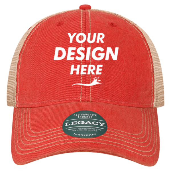 LEGACY Youth Old Favorite Trucker Cap, Scarlet Red / Khaki / Khaki, Front view, Mockup