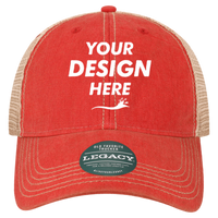 LEGACY Youth Old Favorite Trucker Cap, Scarlet Red / Khaki / Khaki, Front view, Mockup