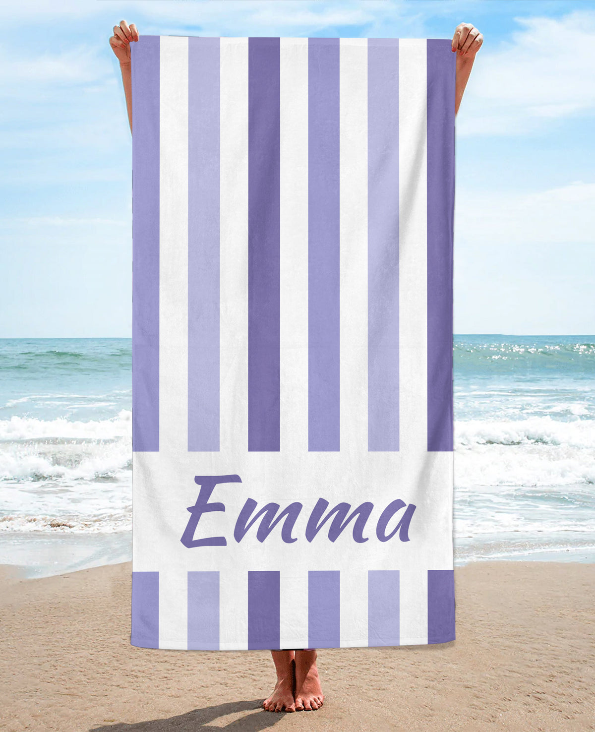 Personalized Vertically Striped Beach Towel, Lavender Standart Beach Towel, Lavender Premium Beach Towel