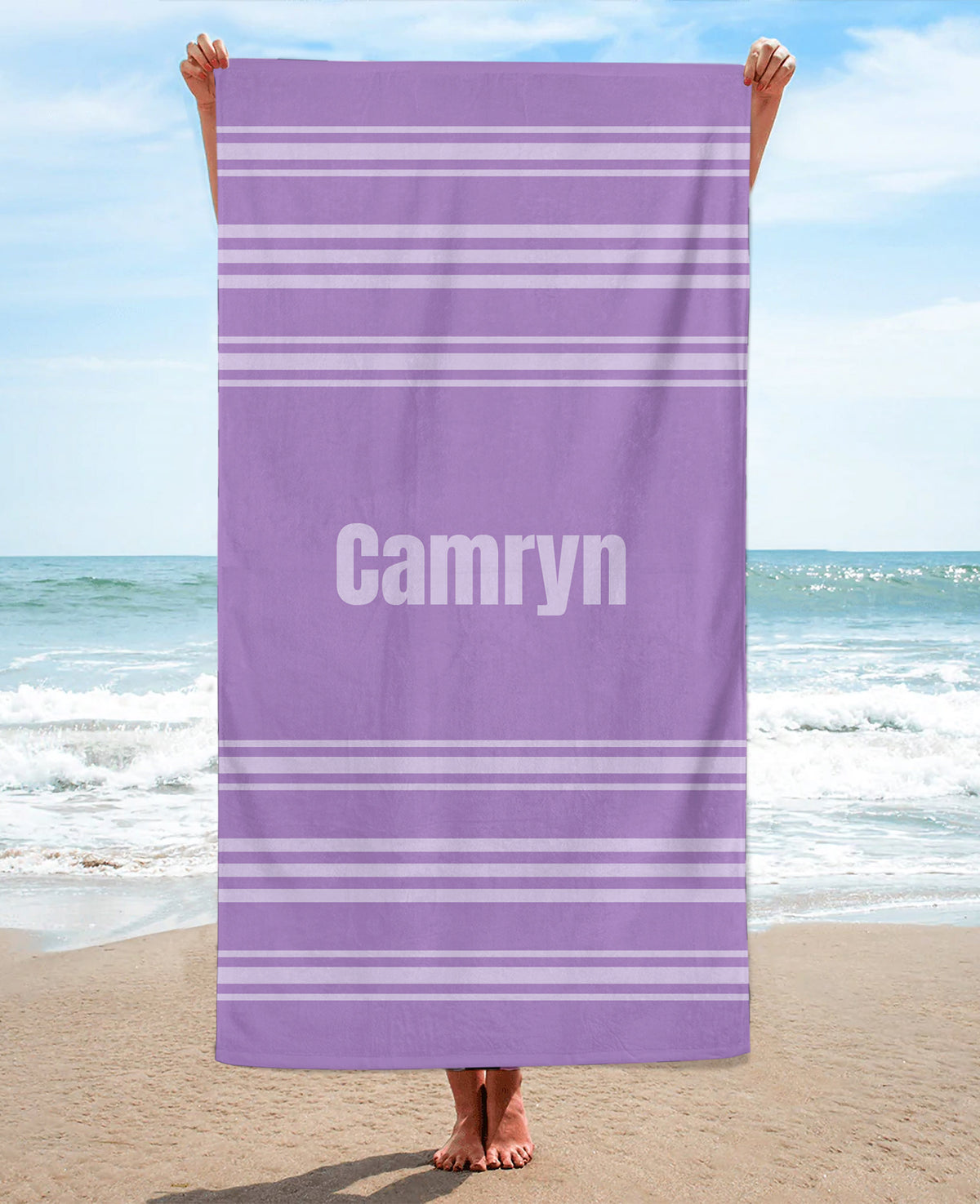 Personalized Horizontally Striped Beach Towel, Lavender Standart Beach Towel, Lavender Premium Beach Towel
